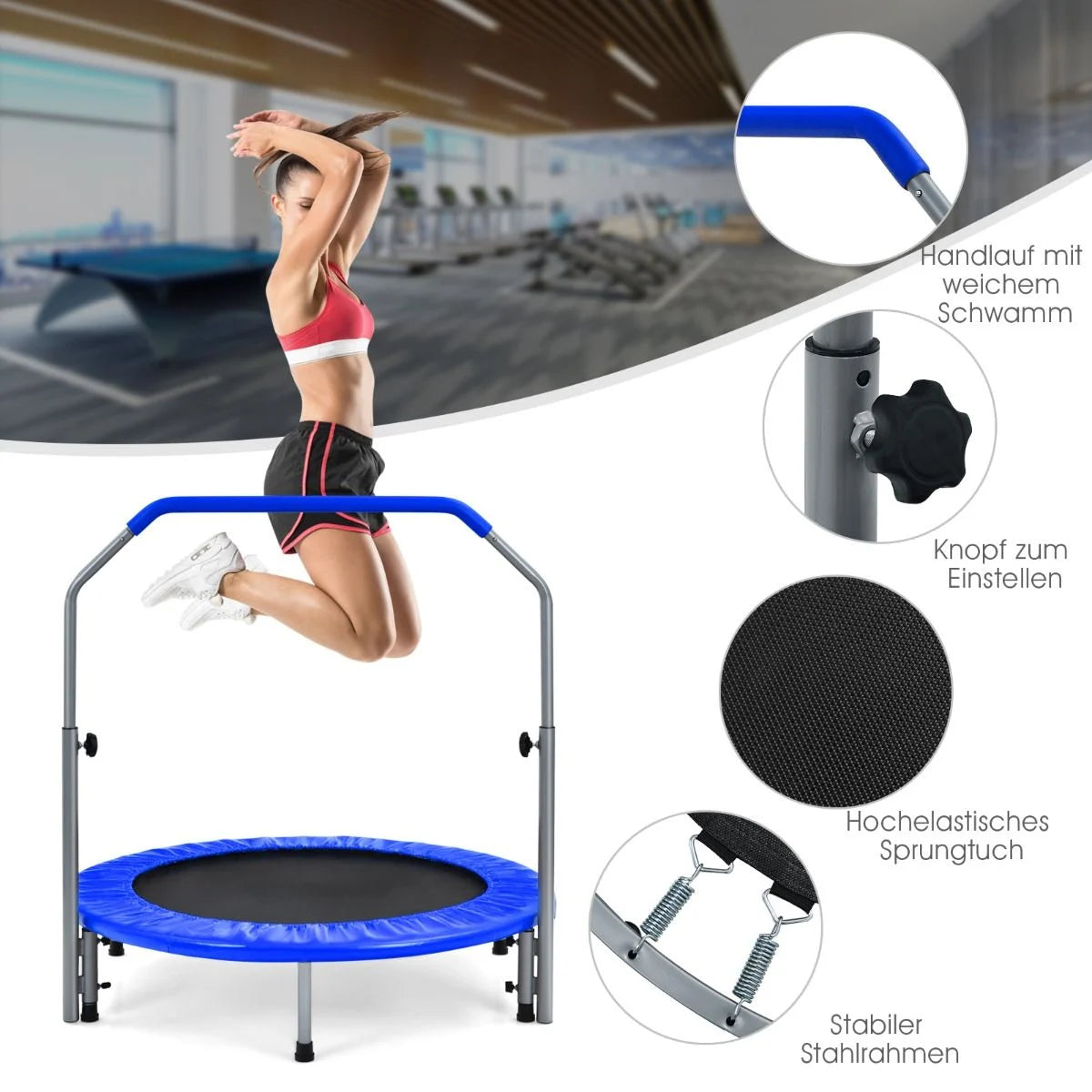 Klappbares Mini-Trampolin Fitness-Trampolin mit höhenverstellbarem Haltegriff Indoor Trampolin Fitness zu Hause Ø101 cm