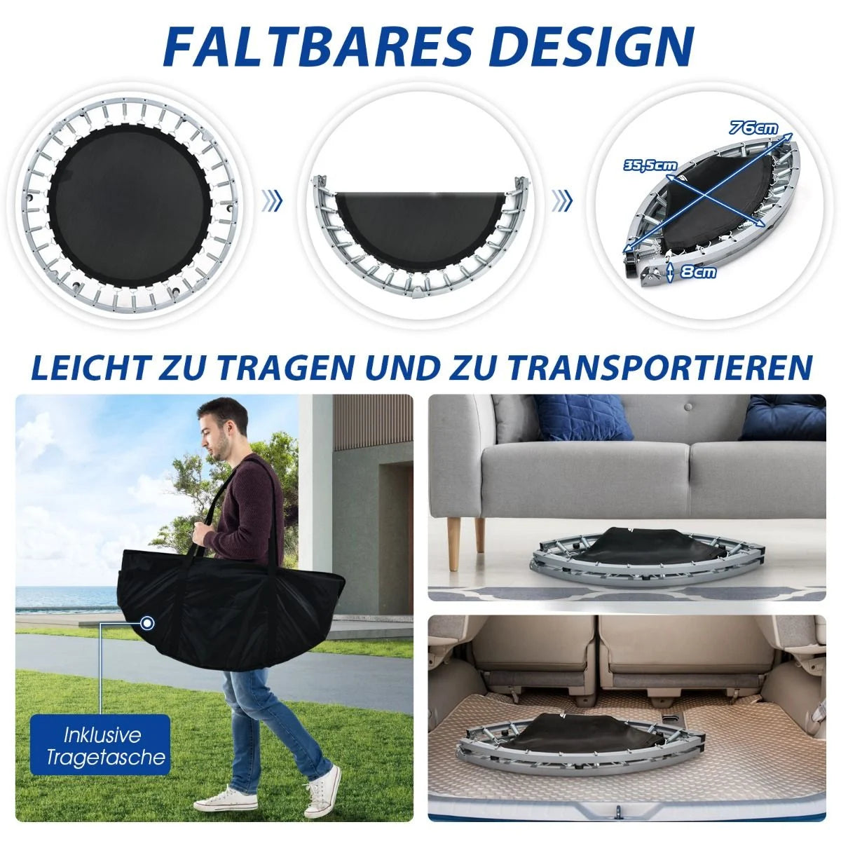 Klappbares Mini-Trampolin Fitness-Trampolin mit höhenverstellbarem Haltegriff Indoor Trampolin Fitness zu Hause Ø101 cm