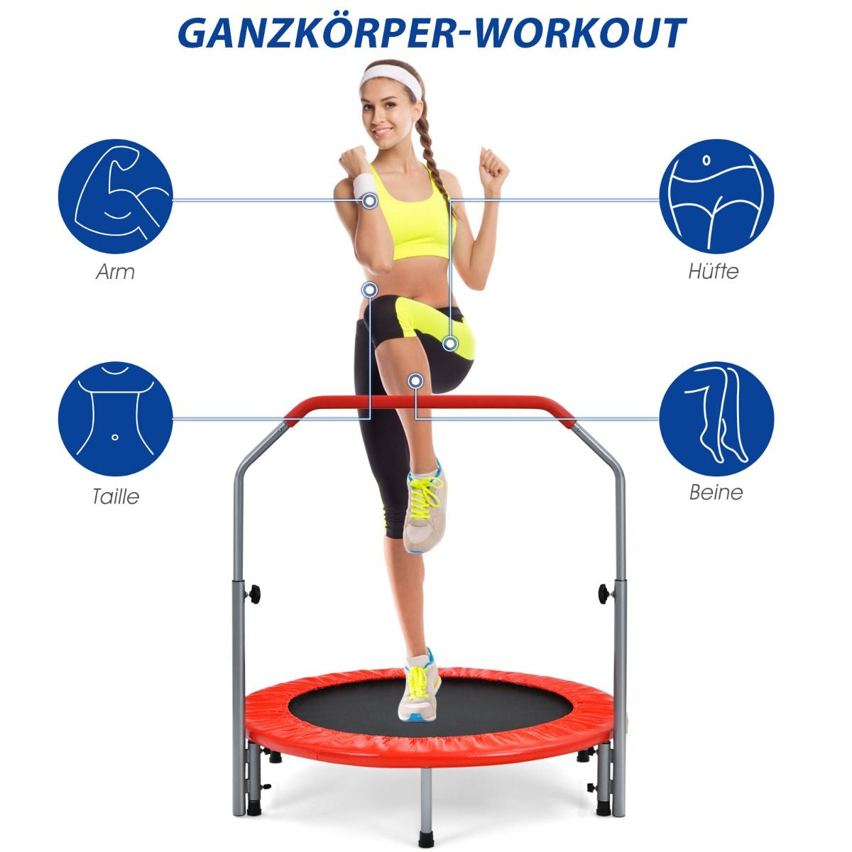 Klappbares Mini-Trampolin Fitness-Trampolin mit höhenverstellbarem Haltegriff Indoor Trampolin Fitness zu Hause Ø101 cm