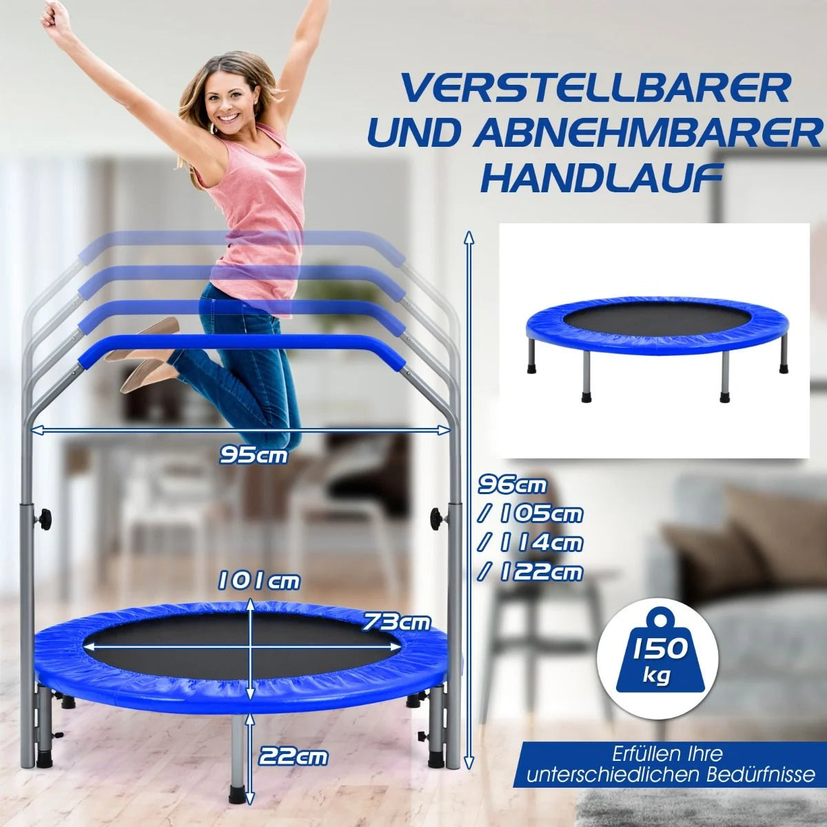 Klappbares Mini-Trampolin Fitness-Trampolin mit höhenverstellbarem Haltegriff Indoor Trampolin Fitness zu Hause Ø101 cm
