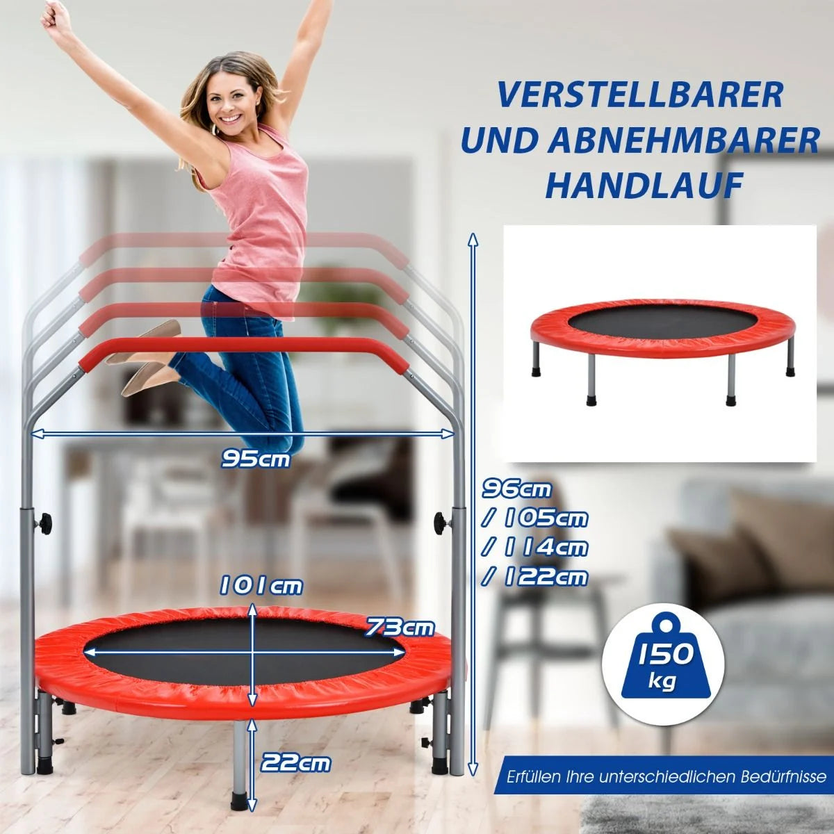 Klappbares Mini-Trampolin Fitness-Trampolin mit höhenverstellbarem Haltegriff Indoor Trampolin Fitness zu Hause Ø101 cm