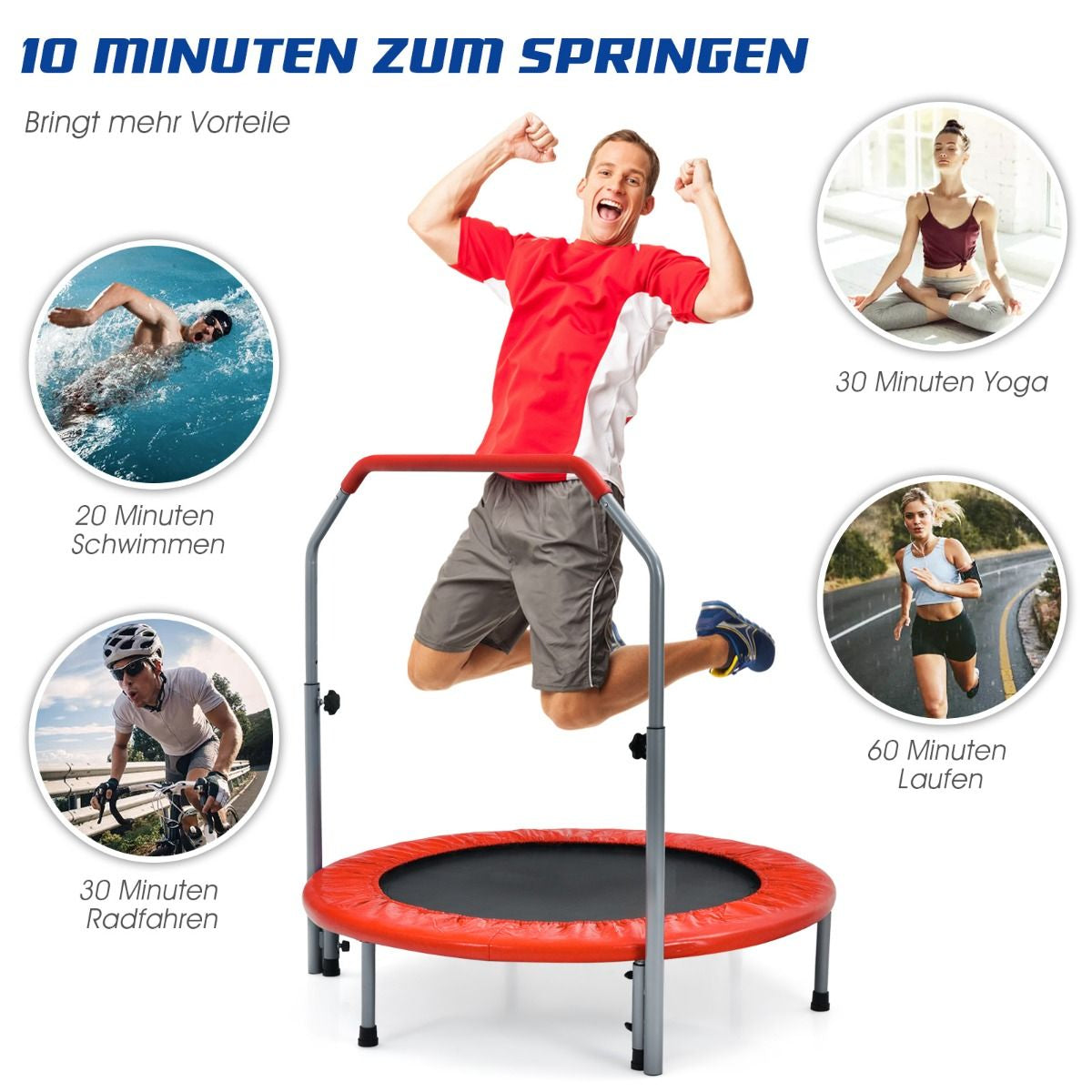 Klappbares Mini-Trampolin Fitness-Trampolin mit höhenverstellbarem Haltegriff Indoor Trampolin Fitness zu Hause Ø101 cm
