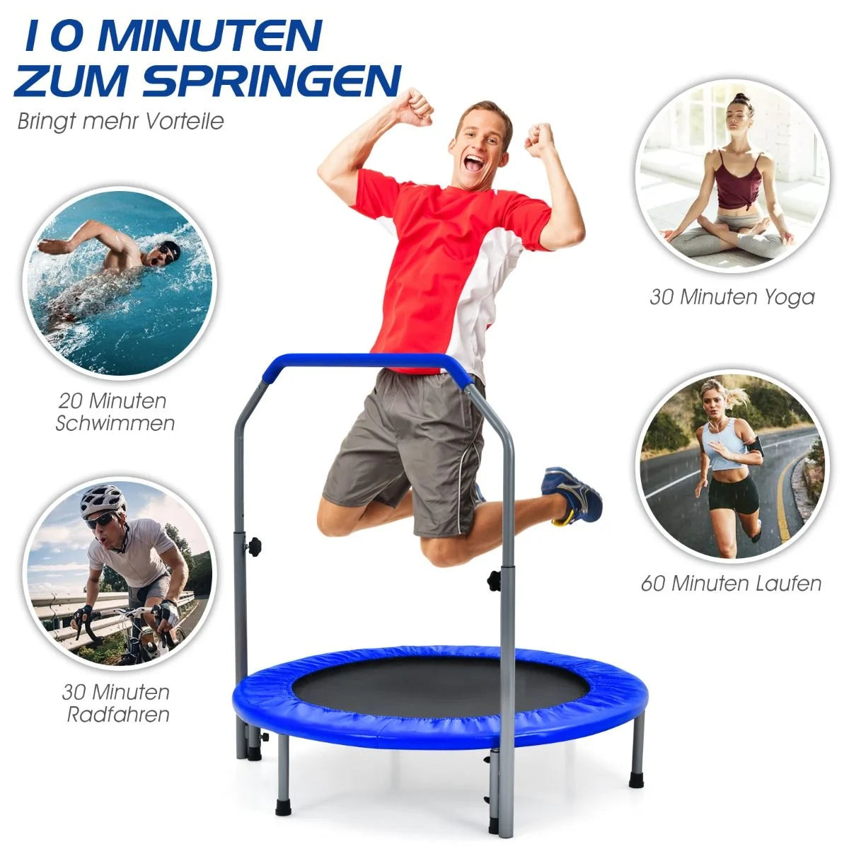 Klappbares Mini-Trampolin Fitness-Trampolin mit höhenverstellbarem Haltegriff Indoor Trampolin Fitness zu Hause Ø101 cm