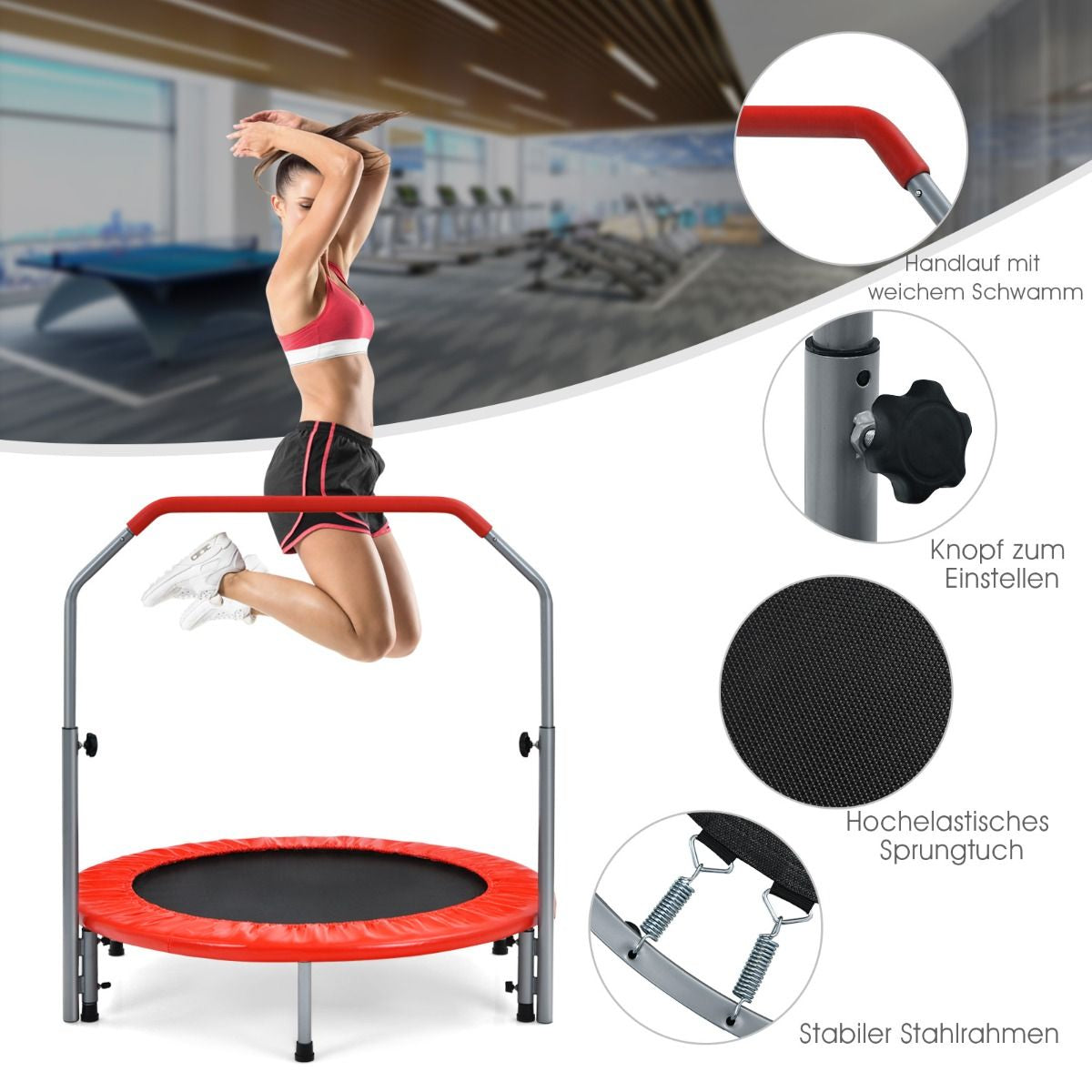 Klappbares Mini-Trampolin Fitness-Trampolin mit höhenverstellbarem Haltegriff Indoor Trampolin Fitness zu Hause Ø101 cm