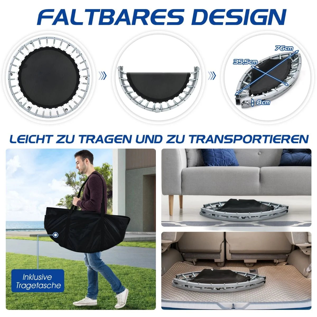 Klappbares Mini-Trampolin Fitness-Trampolin mit höhenverstellbarem Haltegriff Indoor Trampolin Fitness zu Hause Ø101 cm