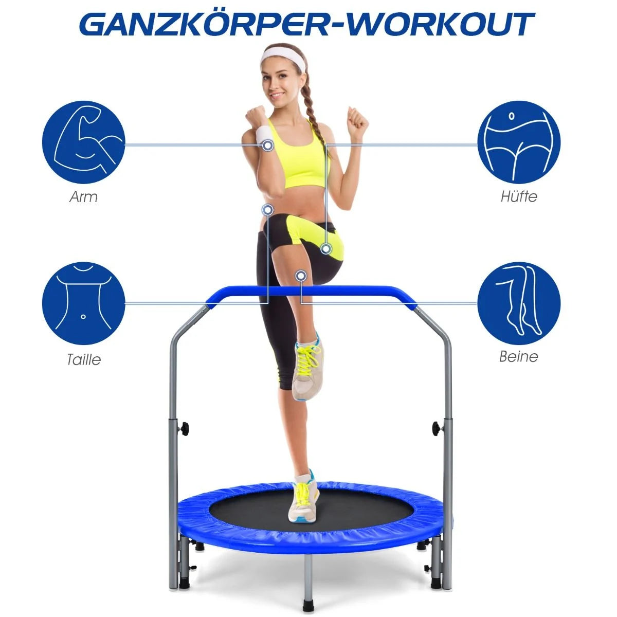 Klappbares Mini-Trampolin Fitness-Trampolin mit höhenverstellbarem Haltegriff Indoor Trampolin Fitness zu Hause Ø101 cm 